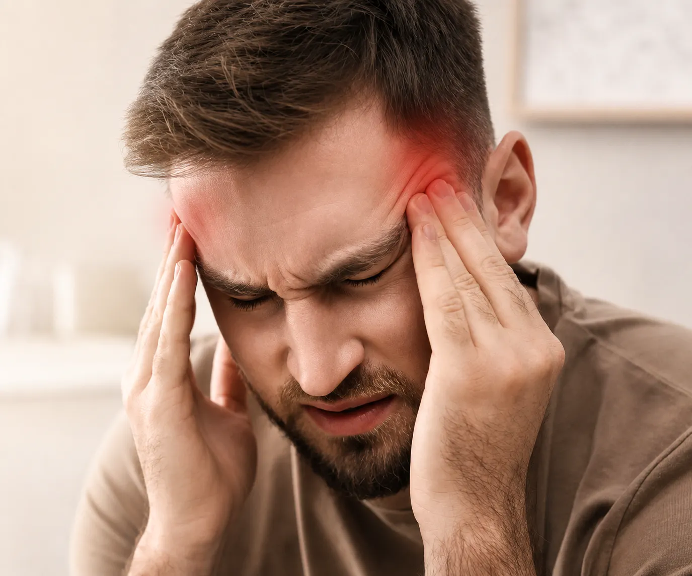 Man holding his temples while experiencing headache pain