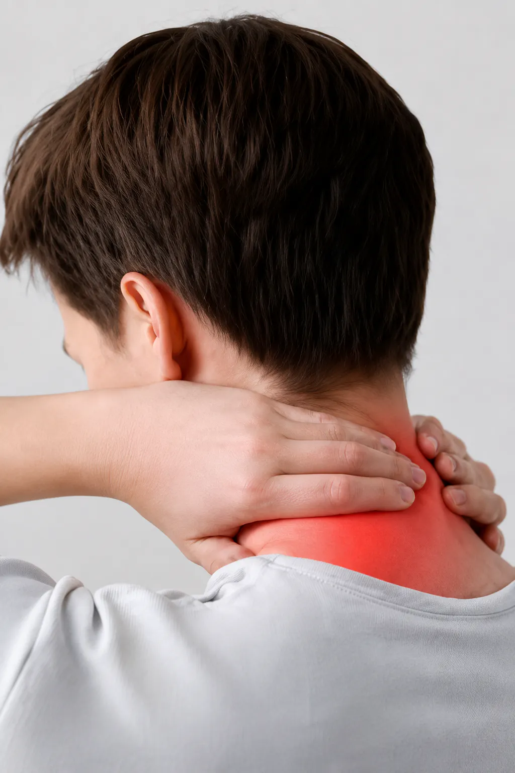 Man holding the back of his neck with cervical facet pain, stiffness, and joint discomfort