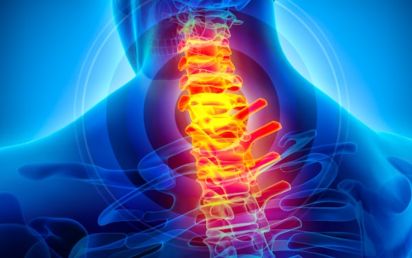 blue skeletal vector from behind spine glowing red