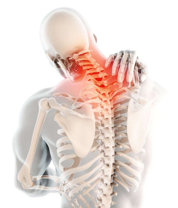 The image shows a human skeleton in a back view, highlighting the cervical spine with an area indicated in red, suggesting pain or discomfort in the neck.