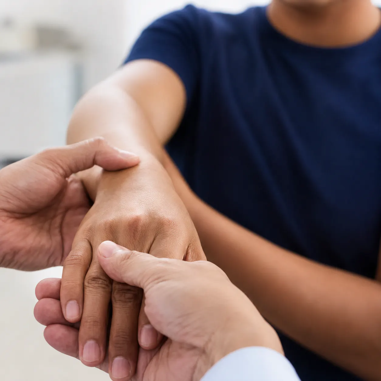 Practitioner assessing a patient's hand and wrist for repetitive strain injury and reduced movement