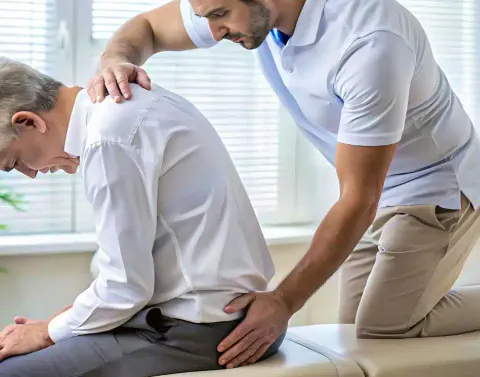 Practitioner assessing and treating a patient with spinal degeneration and lower back stiffness