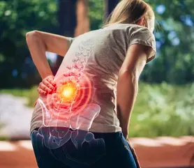 Woman holding her lower back with pain associated with spinal arthritis and joint degeneration
