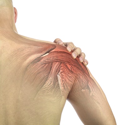 back of upper half male body left hand grabbing right shoulder pain glowing red