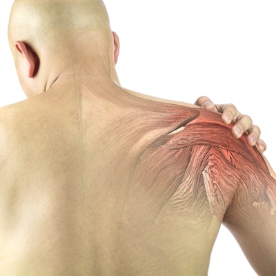 back of upper half male body left hand grabbing right shoulder pain glowing red