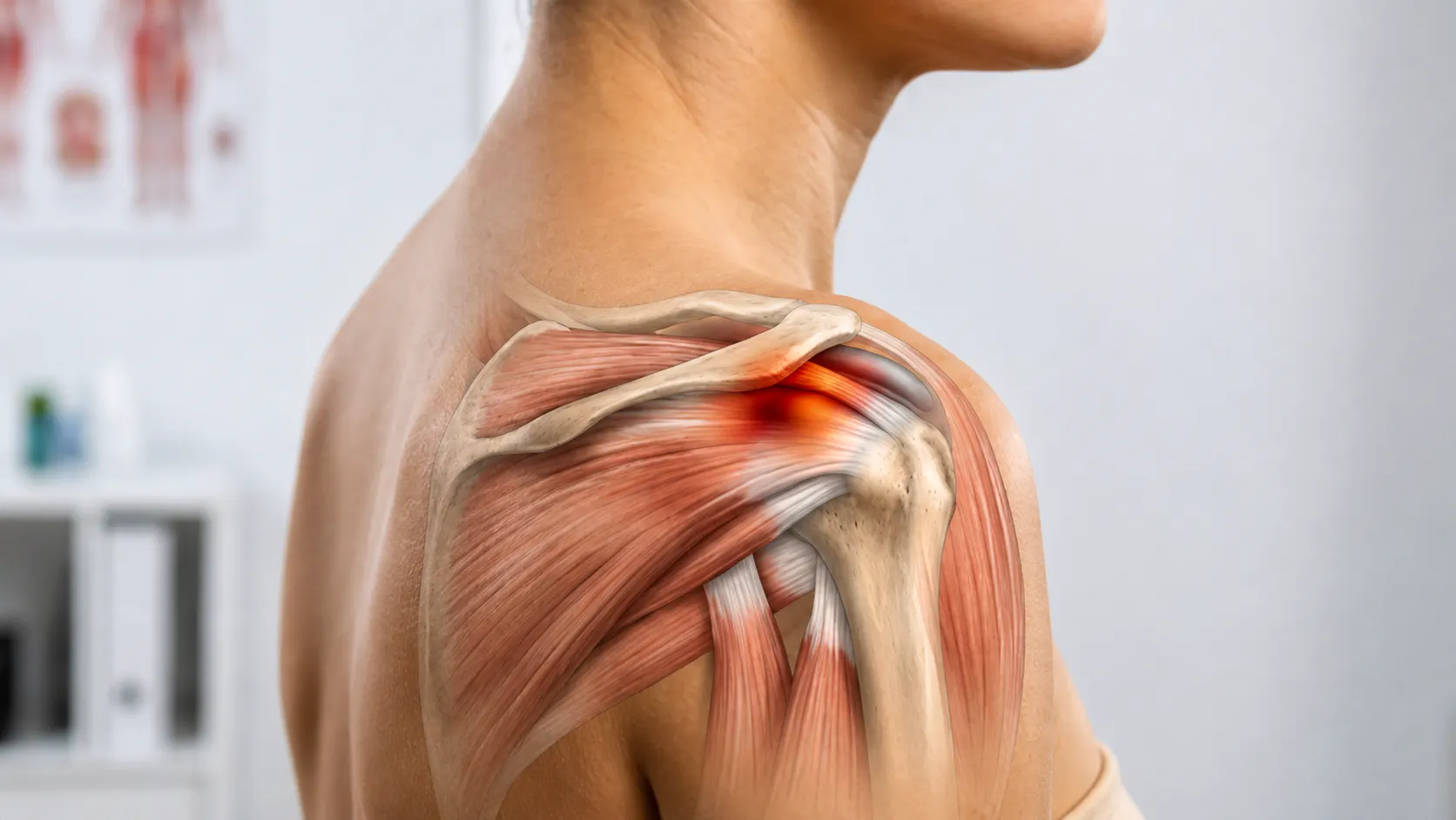 Shoulder anatomy illustration showing impingement and inflammation around the rotator cuff