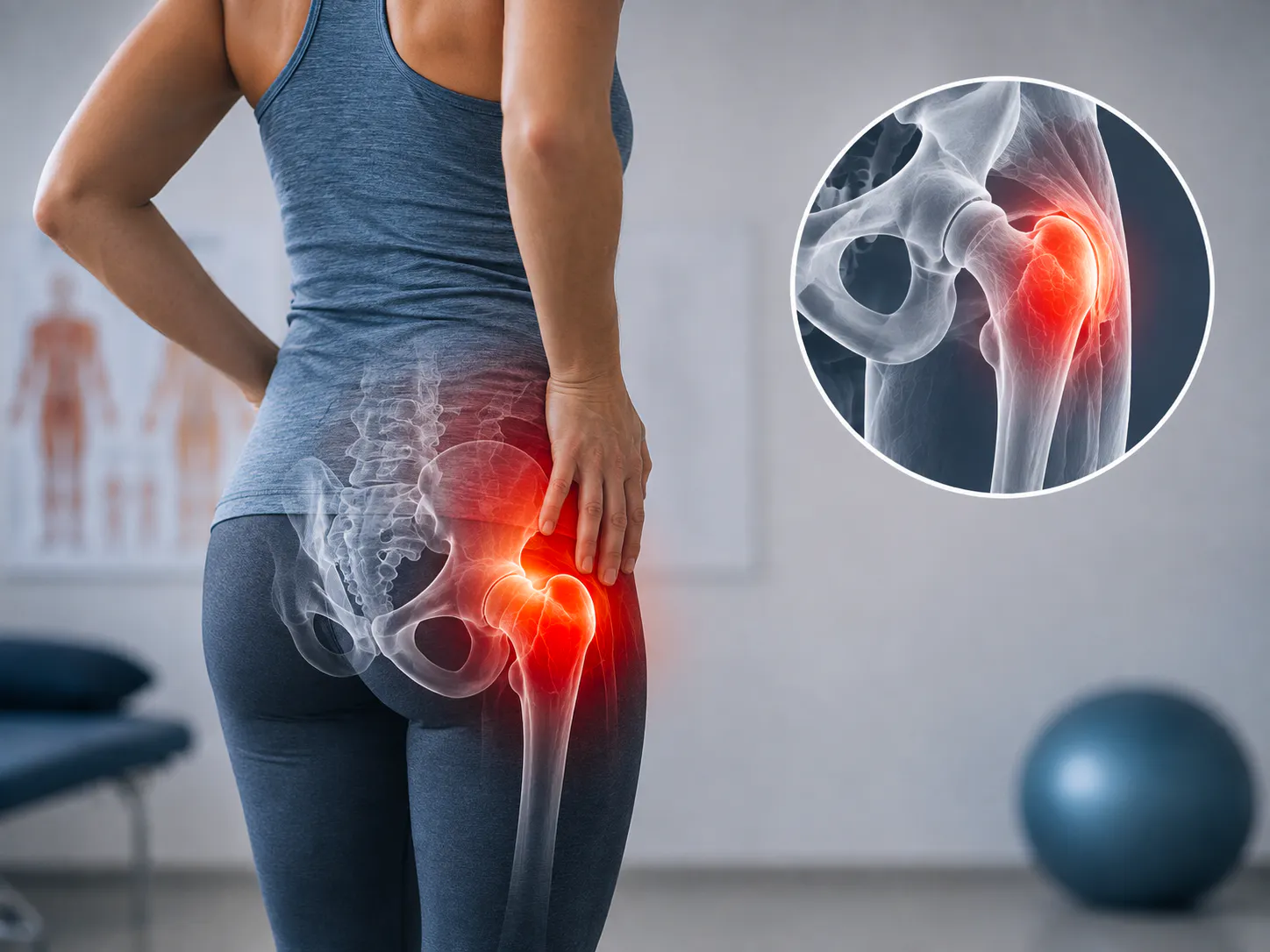 Person holding the outer hip with an anatomical illustration showing lateral hip pain