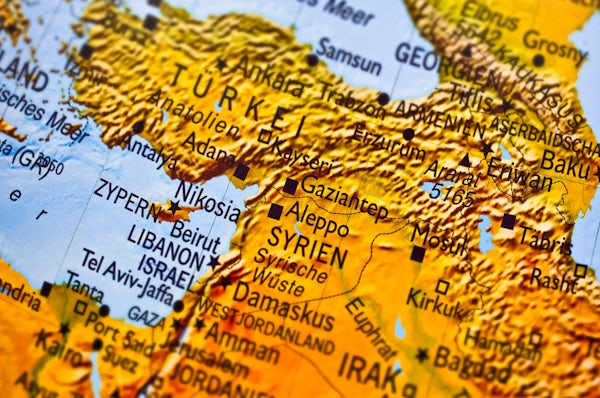 Close up detail shot of a globe focused on Turkey