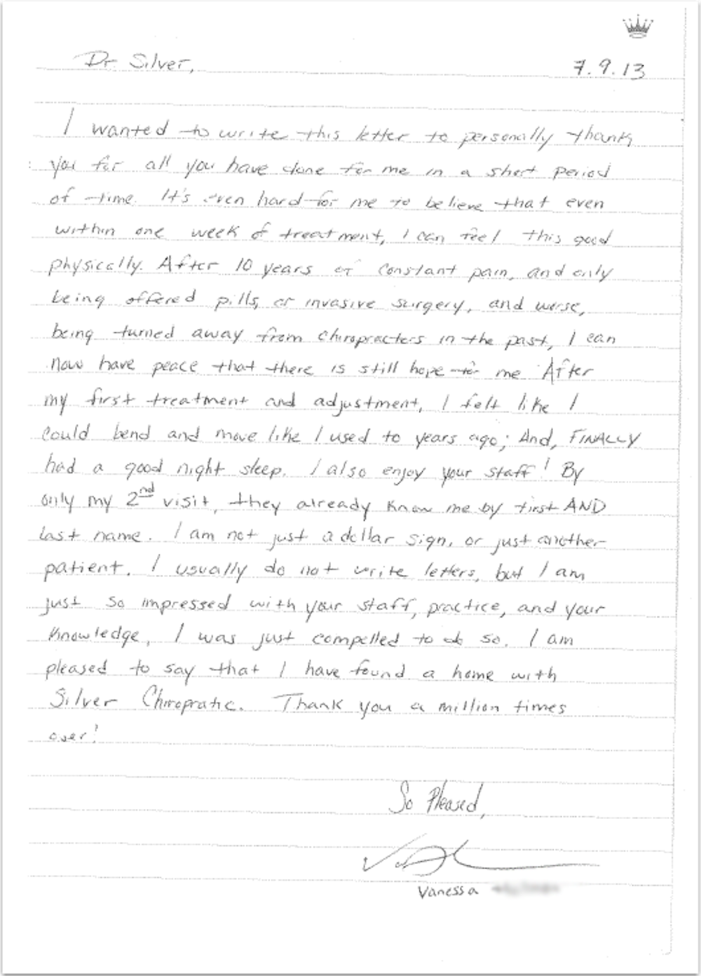 handwritten letter from happy patient of Silver Chiropractic & Wellness
