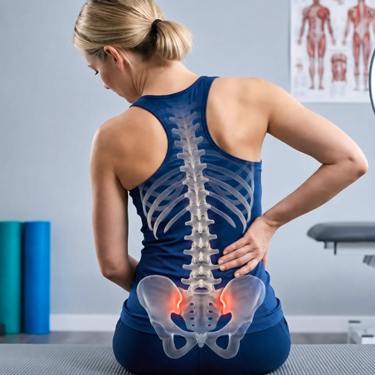 Woman holding her lower back with the sacroiliac joints highlighted, showing pain associated with sacroiliac joint dysfunction