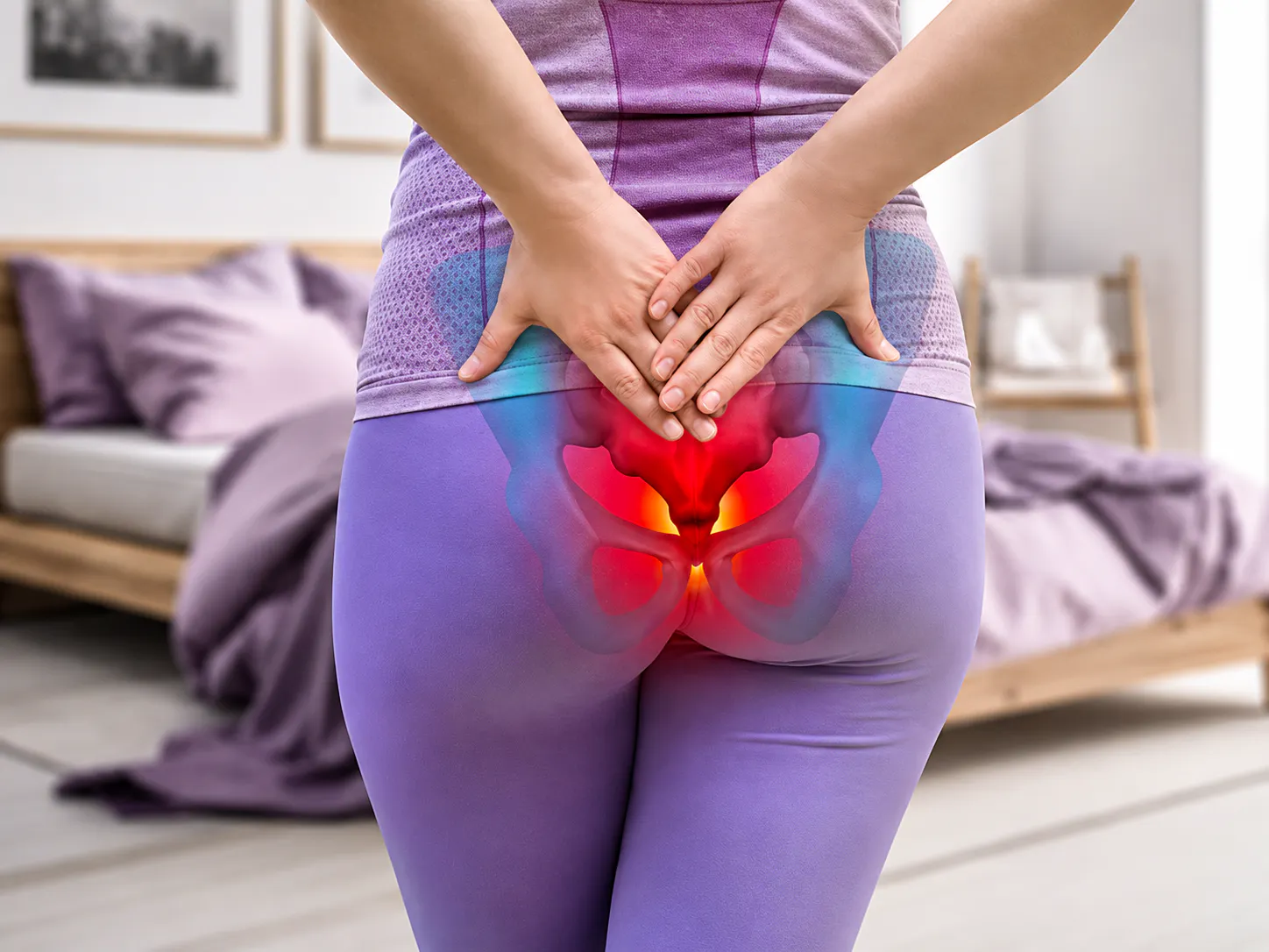 Woman holding her tailbone area with coccydynia pain and discomfort around the coccyx