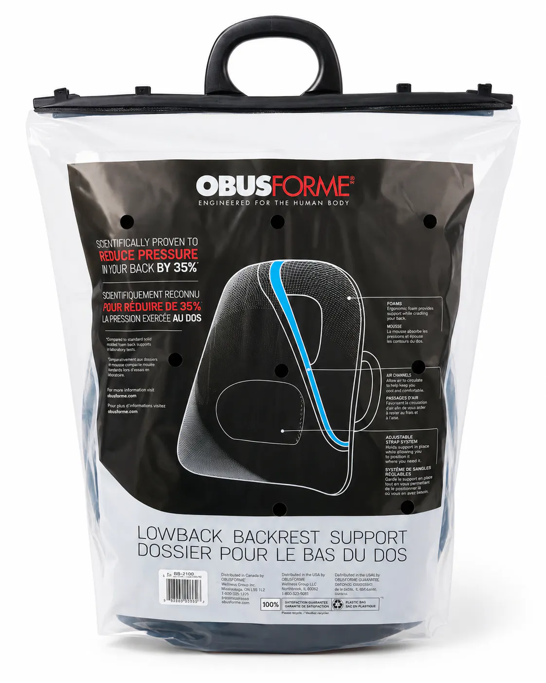 ObusForme Lowback Backrest Support back packaging showing pressure reduction claim and product diagram
