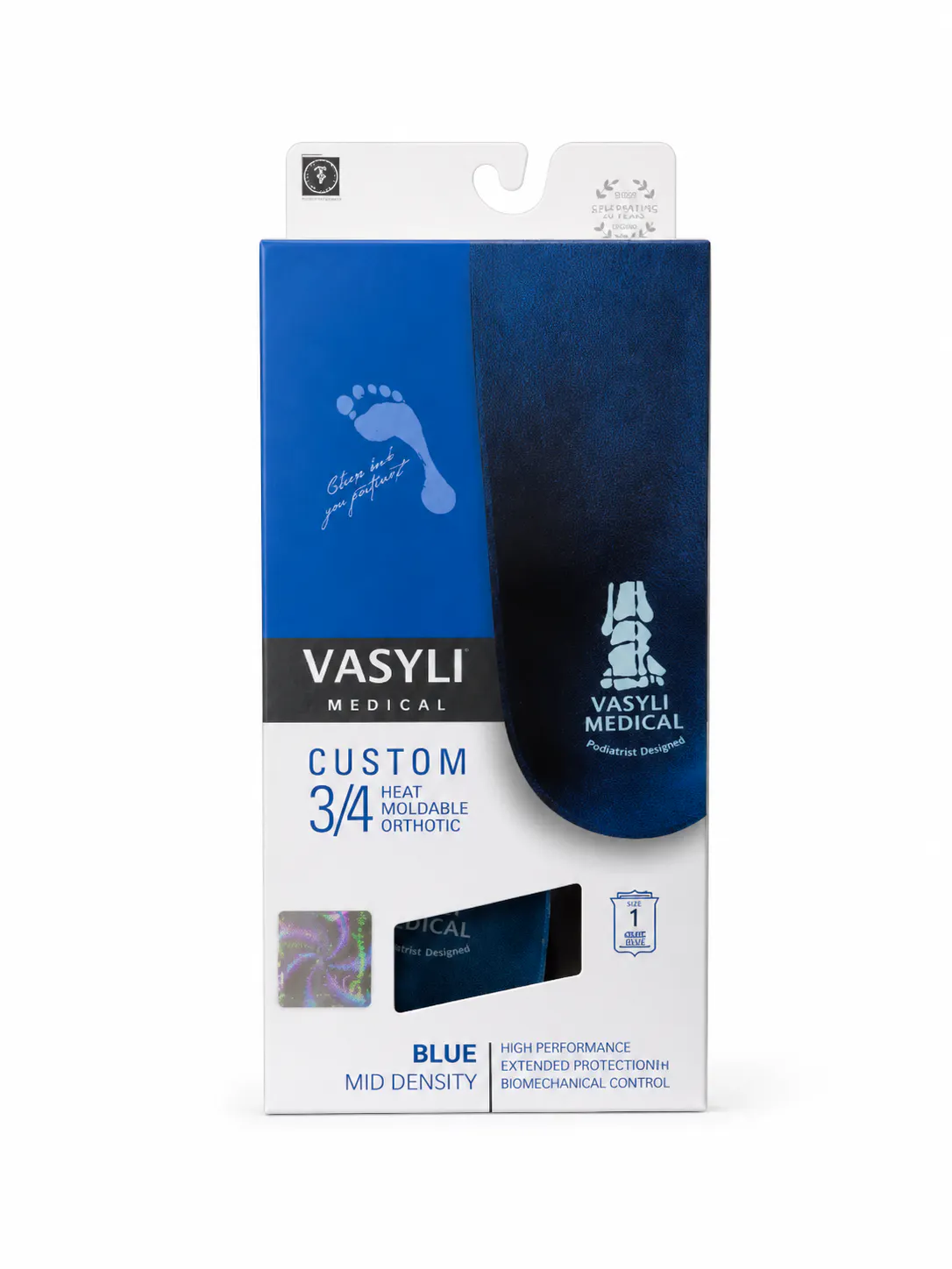Vasyli Medical Custom 3/4 Heat Mouldable Orthotic Blue front packaging