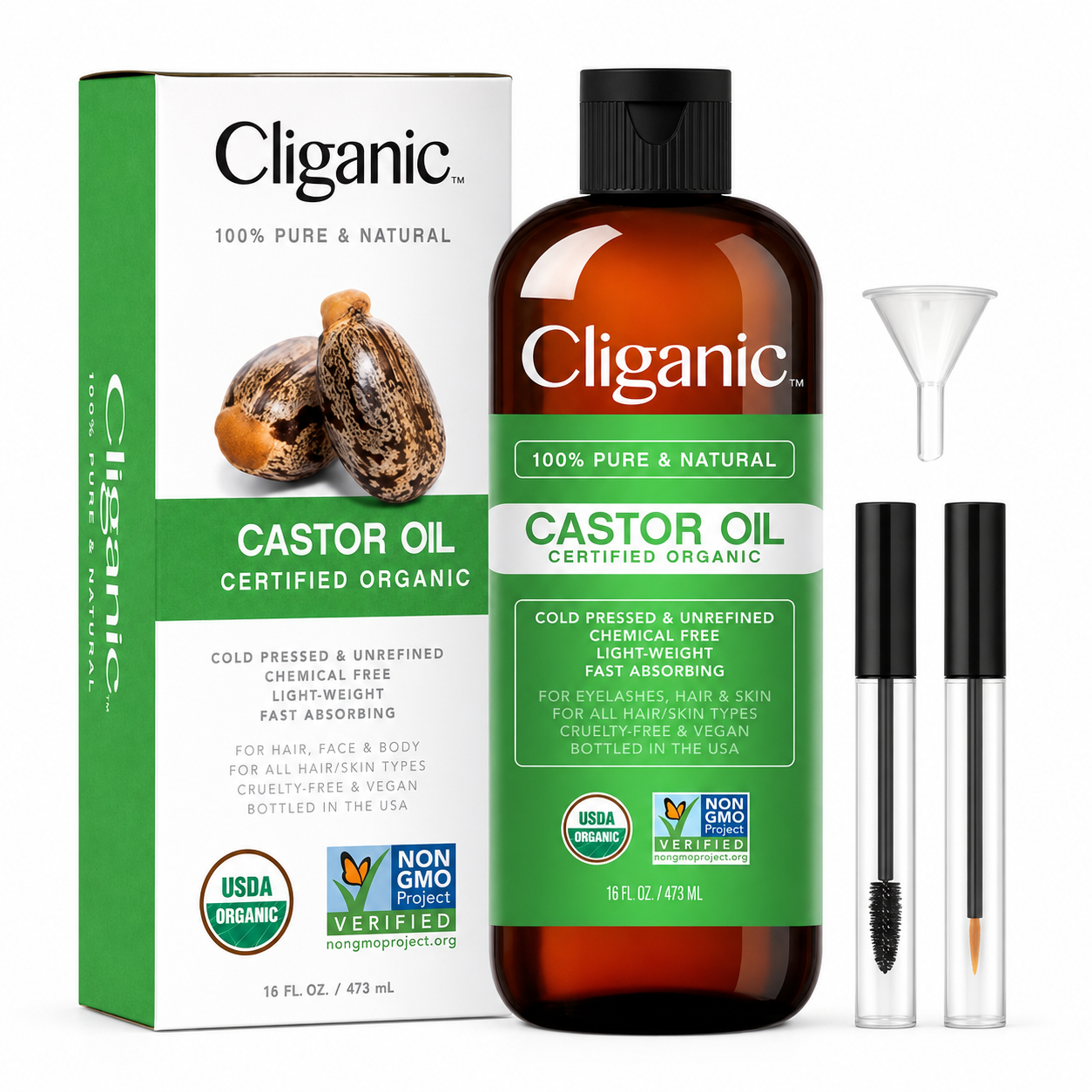 Cliganic Organic Castor Oil 473ml bottle, box, funnel, and applicators