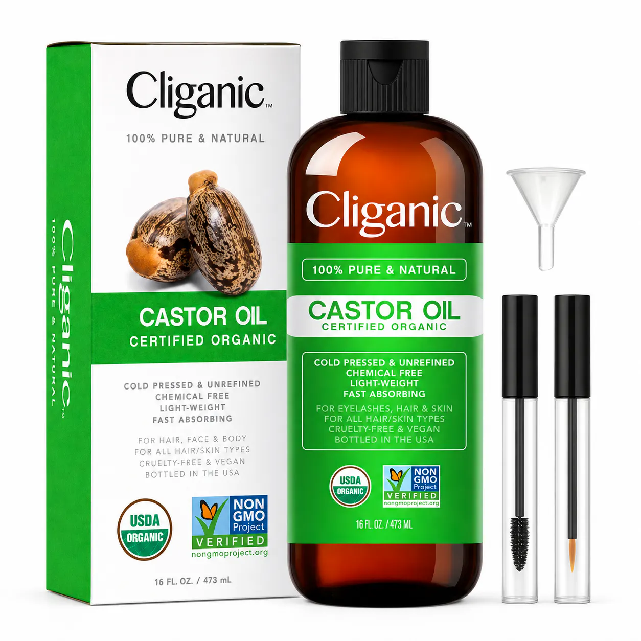 Cliganic Organic Castor Oil bottle, box, funnel, and applicator wands