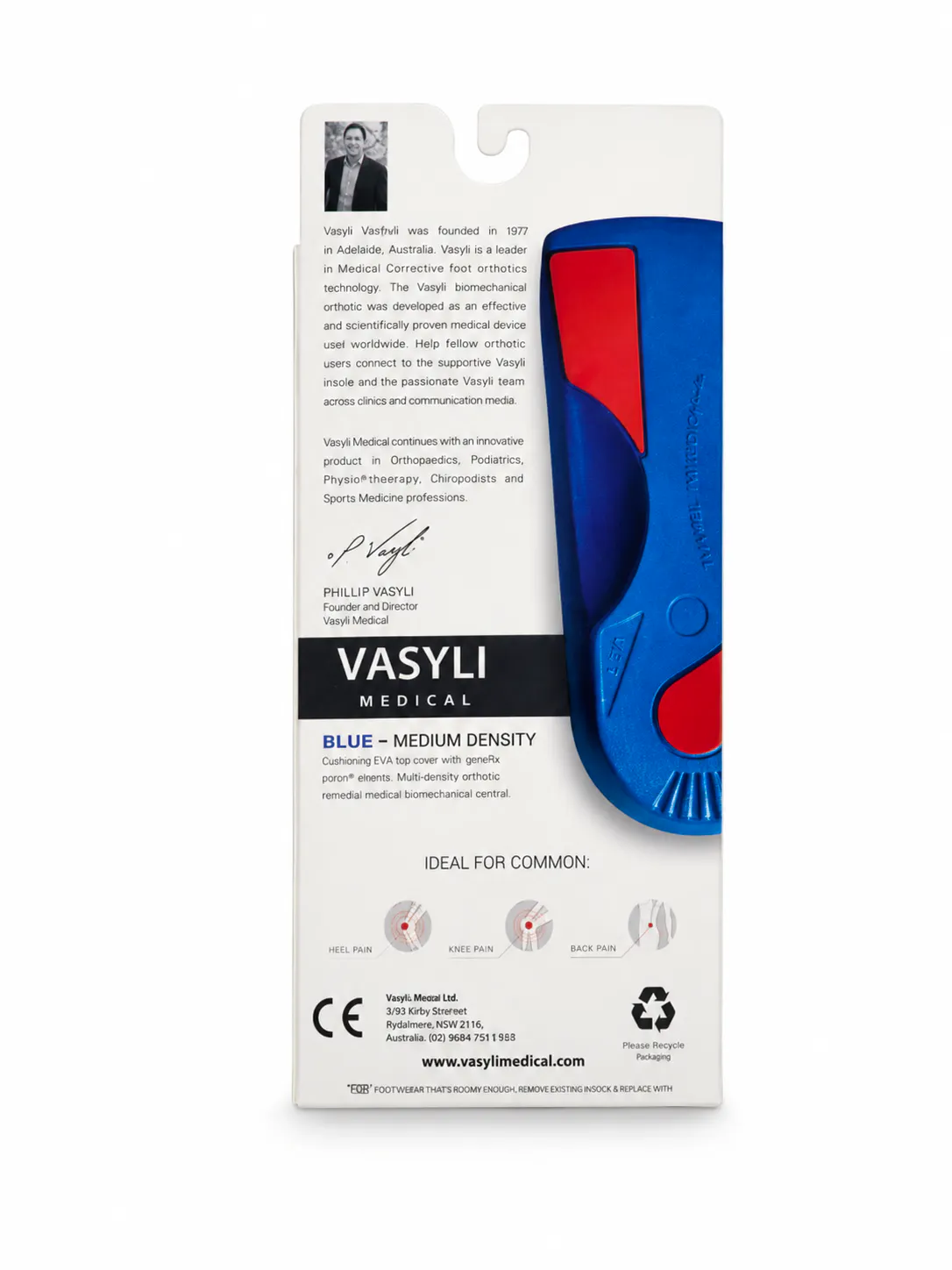 Back of Vasyli Medical Custom 3/4 Orthotic Blue packaging