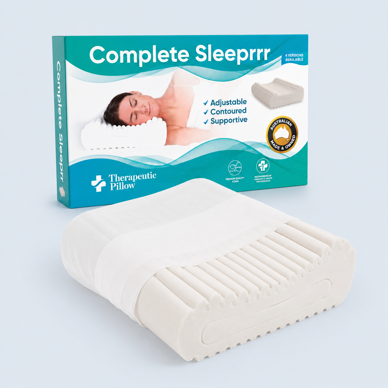 Complete Sleeprrr Original white contoured pillow with product box