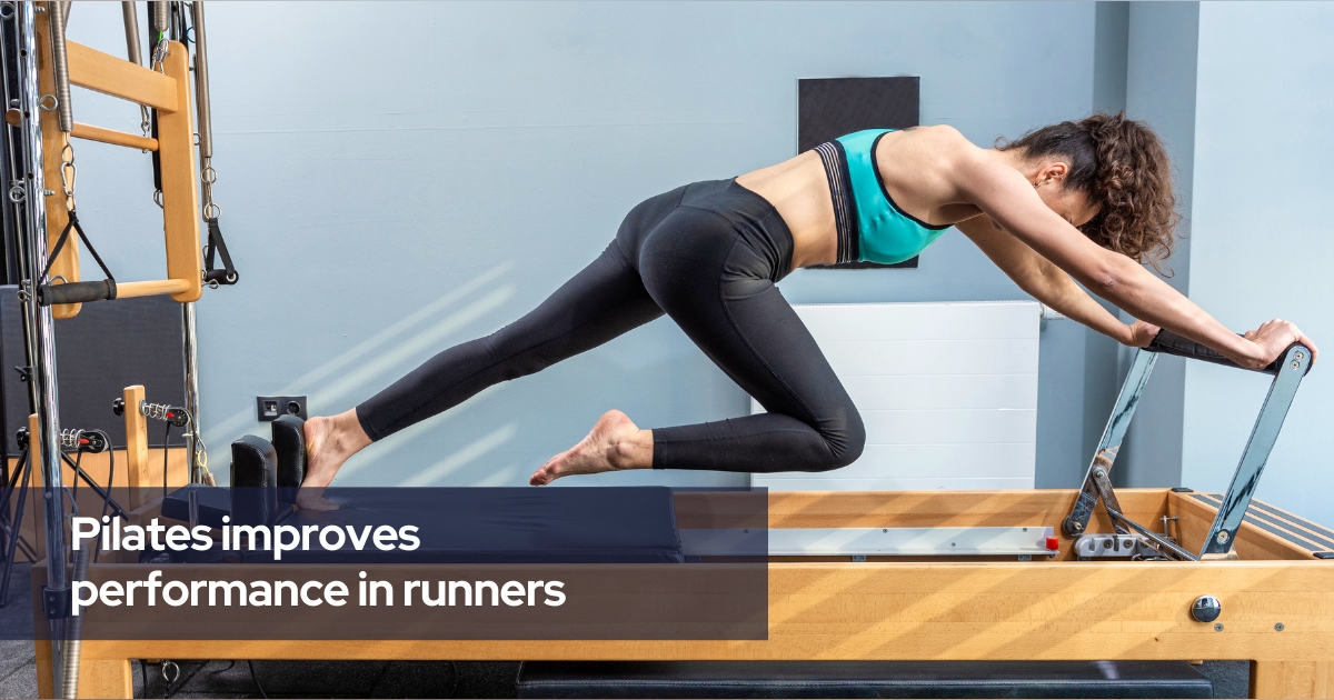 A person is performing Pilates on a reformer, focusing on a dynamic exercise that enhances performance in runners.