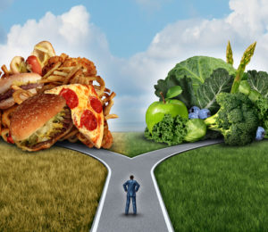 Chiropractic Treatment for Cholesterol Shown In a Fork in the Road with Junk Food and Leafy Greens